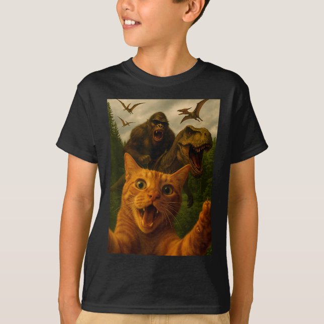 Camiseta Funny Surprised Ed Cat Selfie With Bigfoot T-rex  (Frente)