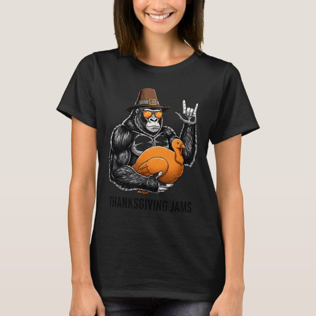 Camiseta Funny Thanksgiving Gorilla Holding Turkey Lgrim Ha (Frente)