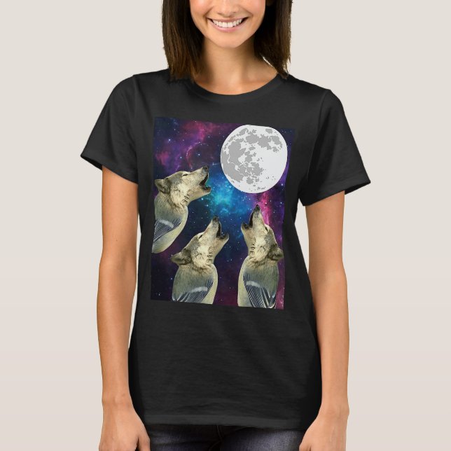 Camiseta Funny Three bird wolf Moon bird wolf Howling With  (Frente)