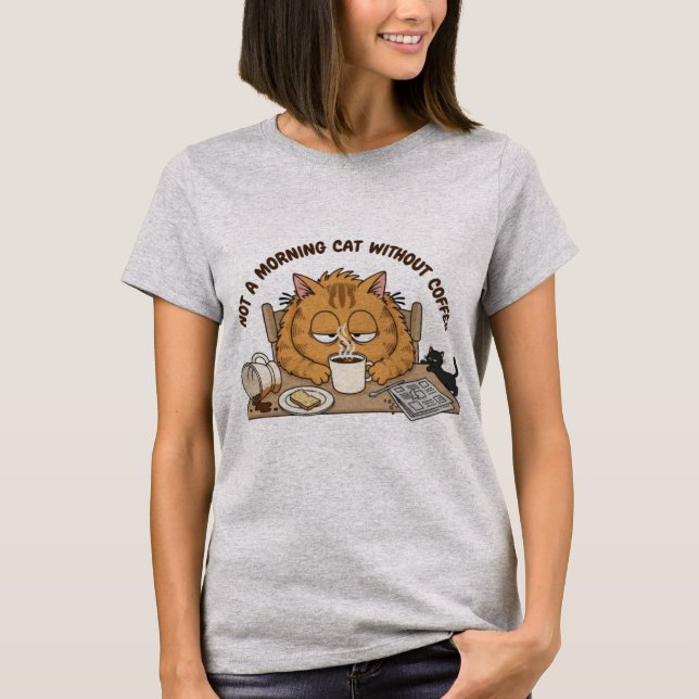Camiseta Funny Tired Orange Cat Breakfast Illustration (Frente)
