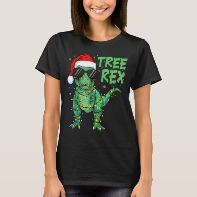 Camiseta Funny Tree Rex Christmas Dinosaur Santa Hat Lights (Frente)