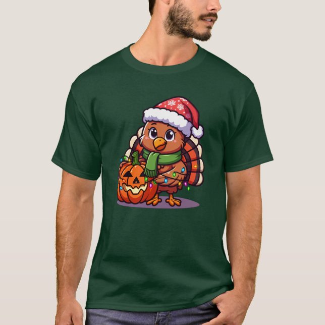 Camiseta Funny Turkey with Pumpkin Wrapped in Lights Thanks (Frente)