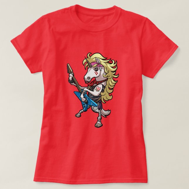 Camiseta Funny Unicorn Glam Metal Hard Rock Guitar Cartoon (Frente do Design)
