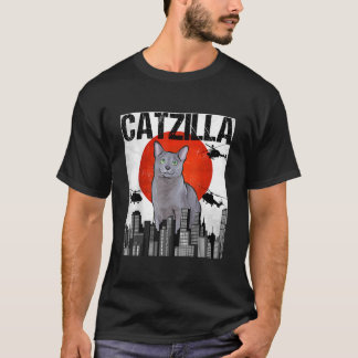 Camiseta Funny Vintage Japonês Catzilla Russo Blue Cat