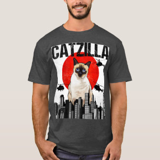Camiseta Funny Vintage Japonês Catzilla Siamese Cat