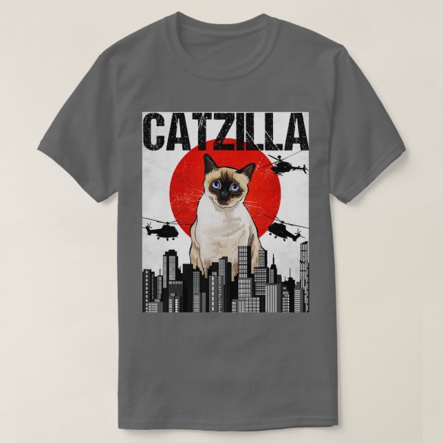 Camiseta Funny Vintage Japonês Catzilla Siamese Cat (Frente do Design)