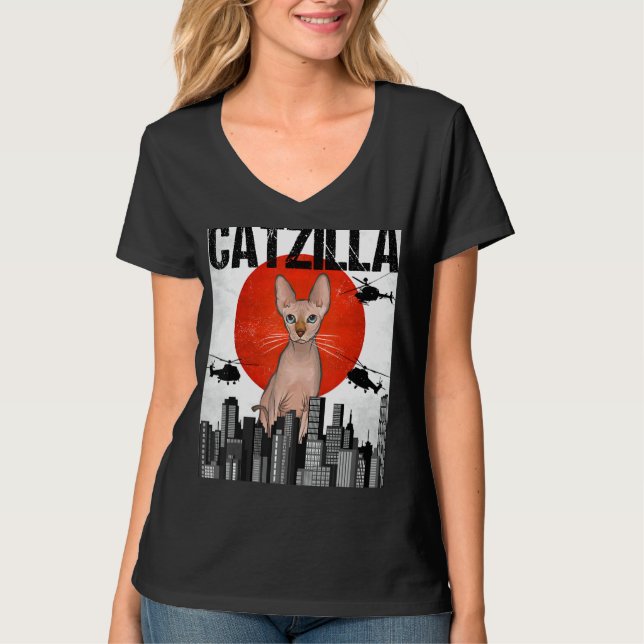 Camiseta Funny Vintage Japonês Catzilla Sphynx Cat (Frente)