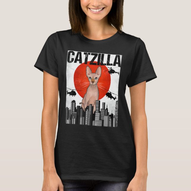 Camiseta Funny Vintage Japonês Catzilla Sphynx Cat (Frente)