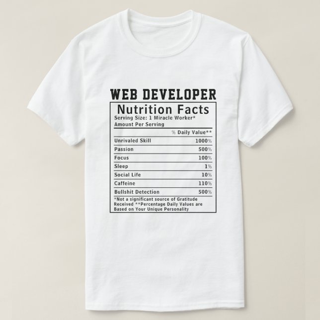 Camiseta Funny Web Developer Nutrition Facts Coding Life  (Frente do Design)