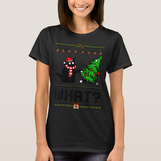 Camiseta Funny Xmas Black Cat Pushing Christmas Tree Over C (Frente)