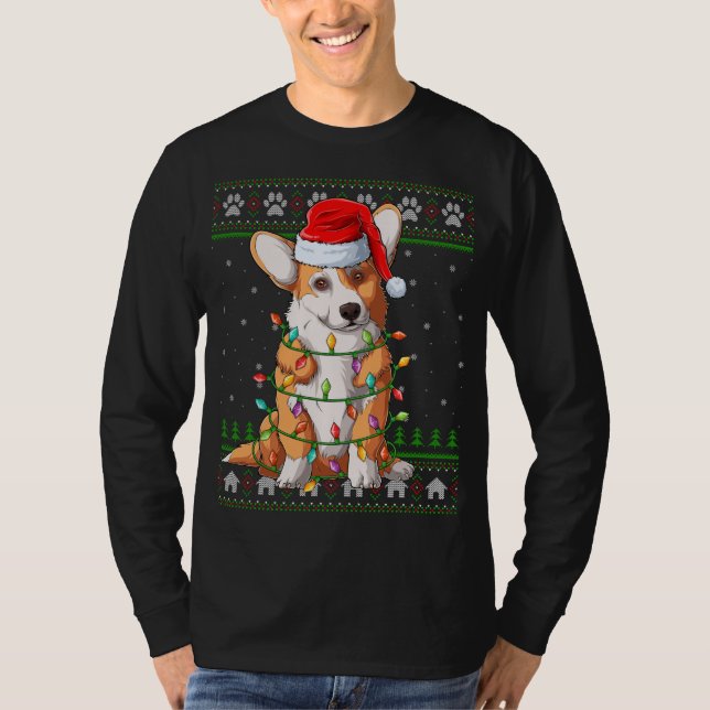 Camiseta Funny Xmas Lighting Santa Hat Ugly Welsh Corgi Chr (Frente)