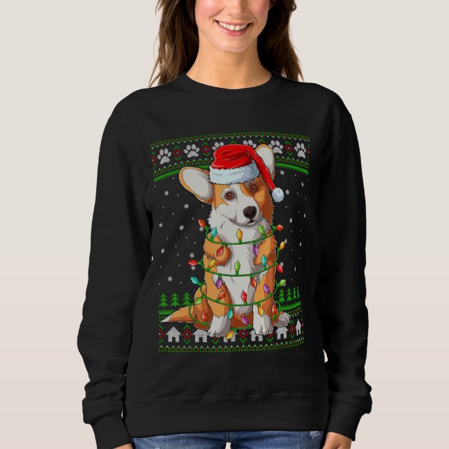 Camiseta Funny Xmas Lighting Santa Hat Ugly Welsh Corgi Chr (Frente)