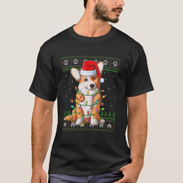 Camiseta Funny Xmas Lighting Santa Hat Ugly Welsh Corgi Chr (Frente)