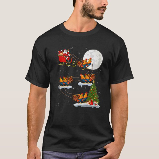 Camiseta Funny Xmas Lighting Tree Santa Riding Rooster Bird (Frente)