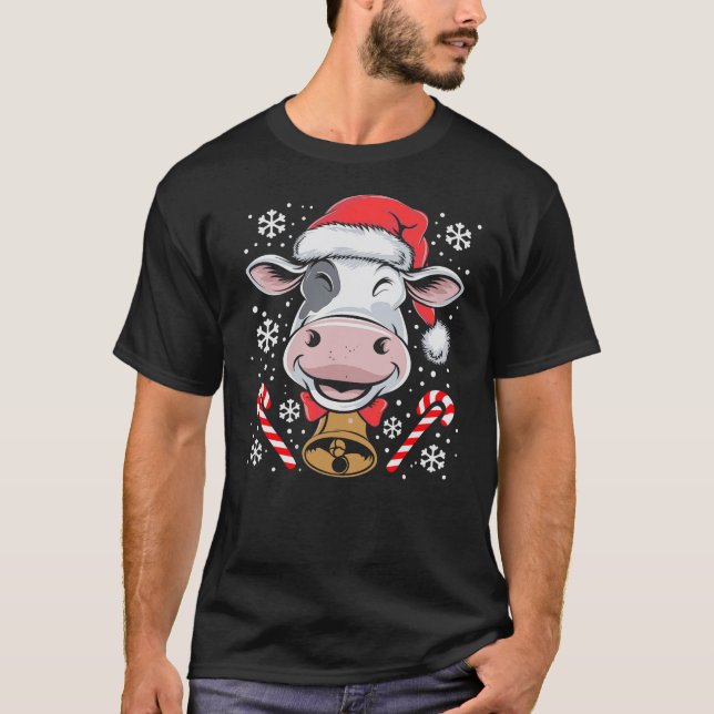 Camiseta Funny Xmas Santa Hat Cow Christmas Lights (Frente)