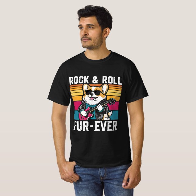 Camiseta Fur-Ever Rock & Roll With A Rockin Corgi (Frente Completa)