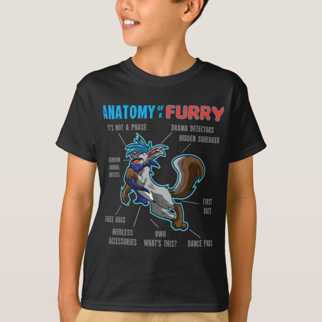 Camiseta Furry - Anatomia de um Furry - lobo de desenho ani (Frente)