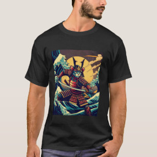 Camiseta Fusão de Arte Japonesa Retro Samurai Gato e Grande