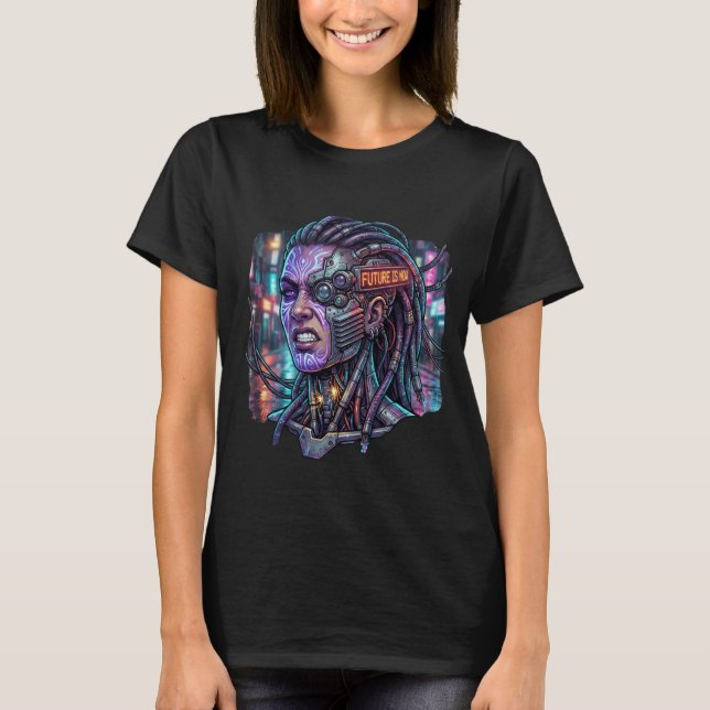 Camiseta Future Is Now – Cyberpunk Cyborg Dreadlocks Neon T (Frente)