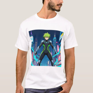 Camiseta Futuristic Green-Haired Anime Hero in Cyberpunk Ci