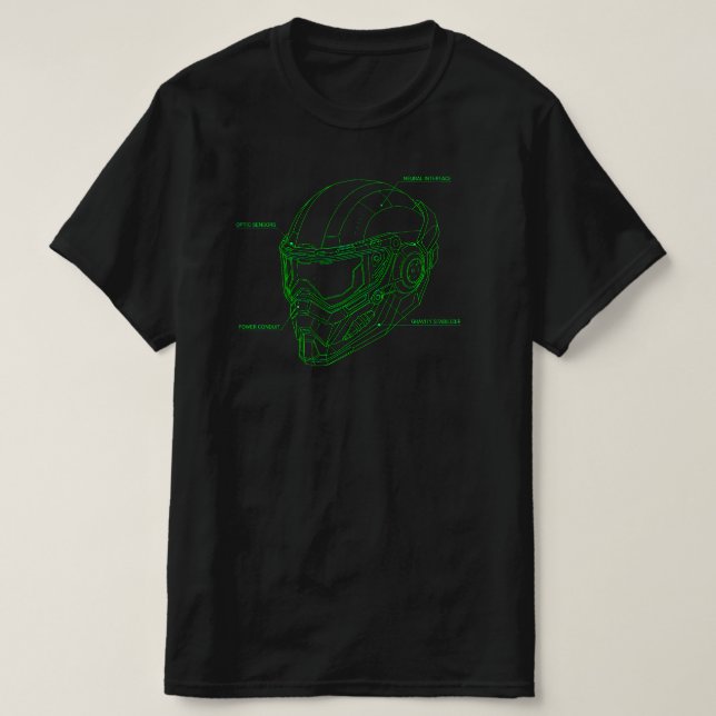 Camiseta Futuristic Green Wireframe Cyber Helmet Blueprint (Frente do Design)
