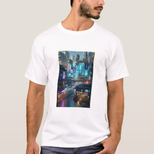 Camiseta Futurística de paisagem urbana de Neon Cyberpunk