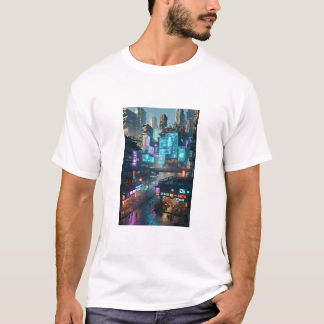 Camiseta Futurística de paisagem urbana de Neon Cyberpunk (Frente)