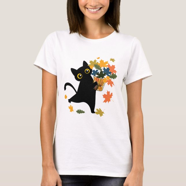 Camiseta fuuny black Cat Leaf Fall Hello Autumn (Frente)