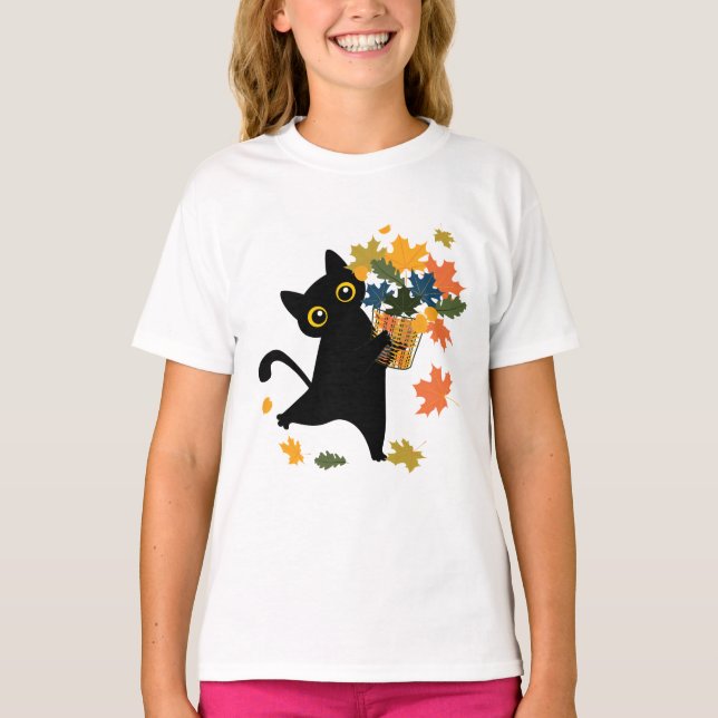 Camiseta fuuny black Cat Leaf Fall Hello Autumn (Frente)