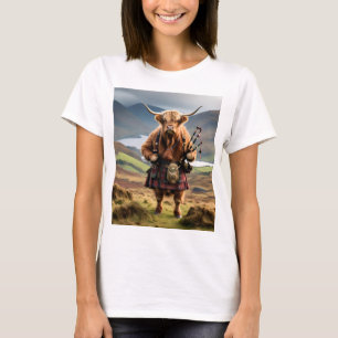 Camiseta Gado de Highland Escocês Tocando Gaita de Foles,