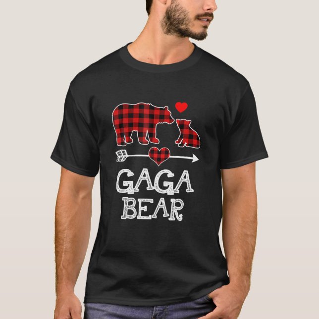 Camiseta Gaga Bear Christmas Pajama Red Xadrez Buffalo Famí (Frente)