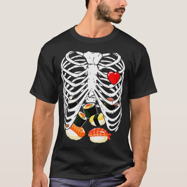 Camiseta Gaiola Rib Skeleton Sushi XRay Skeleton Halloween  (Frente)