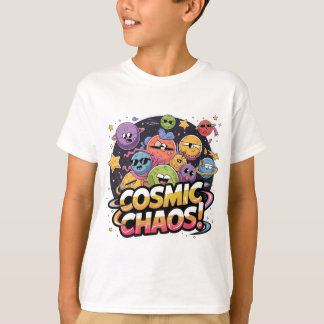 Camiseta Galáxia Cartoonesa Chaótica com Caráter Whimsical