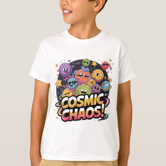 Camiseta Galáxia Cartoonesa Chaótica com Caráter Whimsical (Frente)