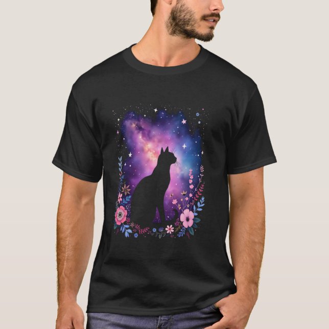 Camiseta galáxia de flores de imagem de gato (Frente)