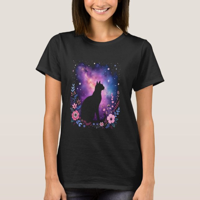 Camiseta galáxia de flores de imagem de gato (Frente)