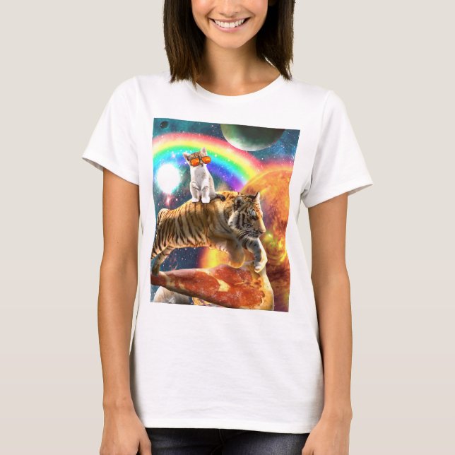 Camiseta Galáxia Espacial Tigre Andando Gato na Pizza (Frente)