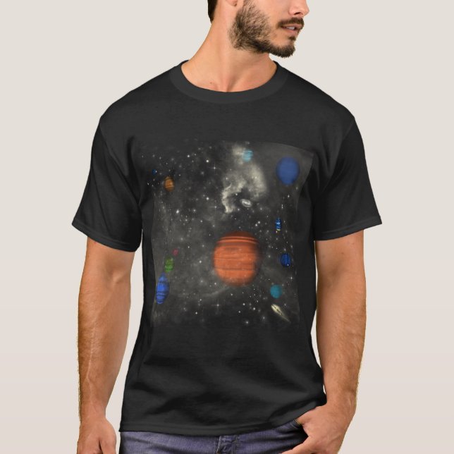 Camiseta Galáxias com estrelas e planetas no espaço (Frente)