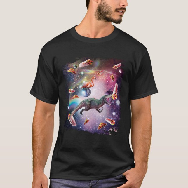 Camiseta Galaxy Flamingo Riding Dinosaur In Space  Rainbow (Frente)