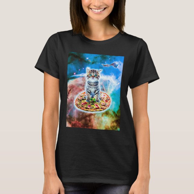 Camiseta Galaxy Kitty Cat Riding Pizza In Space (Frente)