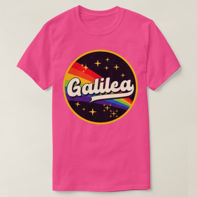 Camiseta Galilea Rainbow No Estilo De Vintagem Espacial (Frente do Design)