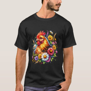 Camiseta Galinha Arte Floral Gráfica Mulheres Fazenda Galin