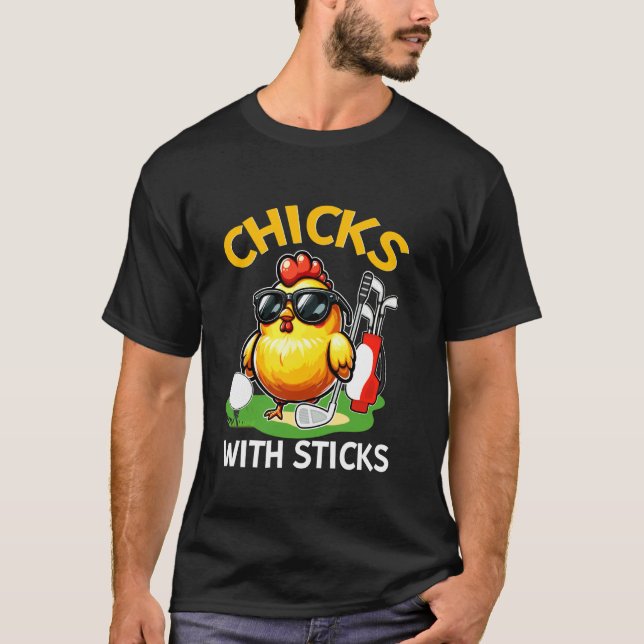 Camiseta Galinha com Sticks Golfe Golfe Jogador de Golfe (Frente)