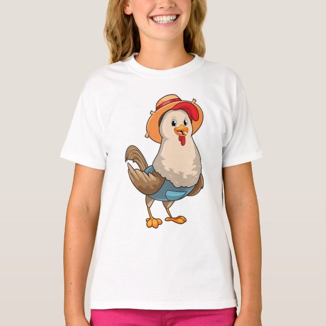 Camiseta Galinha como Farmer com Chapéu (Frente)
