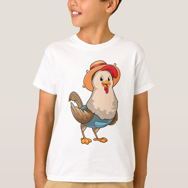 Camiseta Galinha como Farmer com Chapéu (Frente)