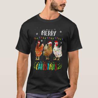 Camiseta Galinha de Natal Alegre Chapéu do Papai Noel Luzes