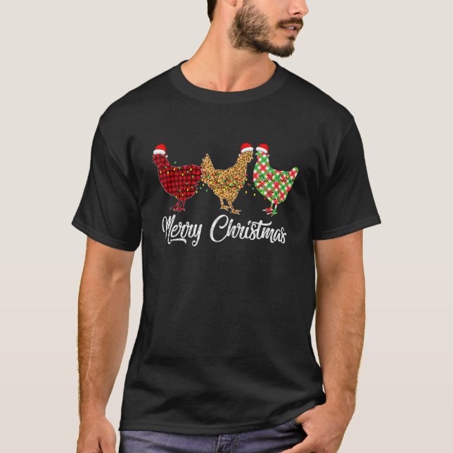 Camiseta Galinha Feliz Natal Vermelho Xadrez Verde Leopard  (Frente)