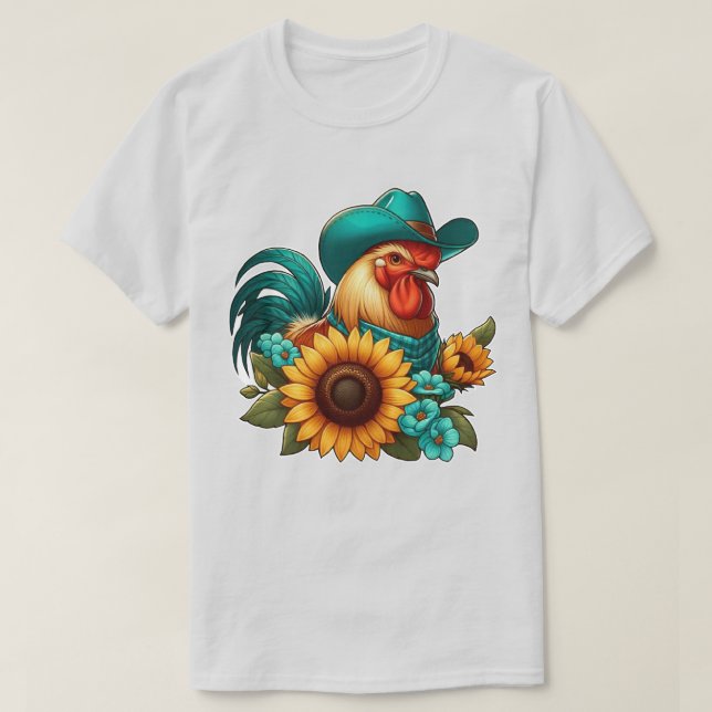 Camiseta Galo Com Chapéu Azul e Girassóis (Frente do Design)