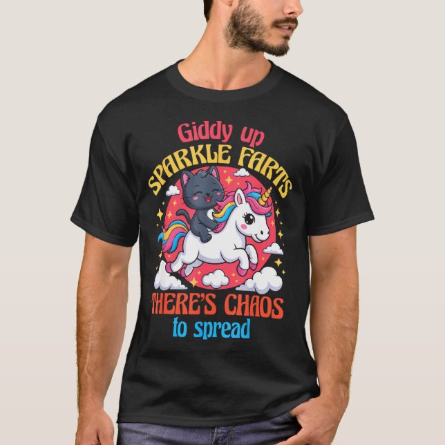 Camiseta Galopa Faíscas de Piroca Há Caos para Espalhar Cor (Frente)