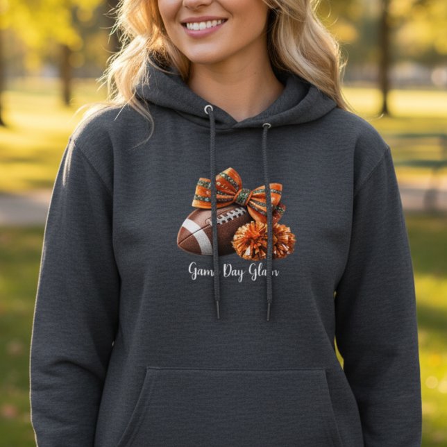 Camiseta Game Day Glam • Football Bow Hoodie (hoodie with football, orange bows and pom poms for game day fans)